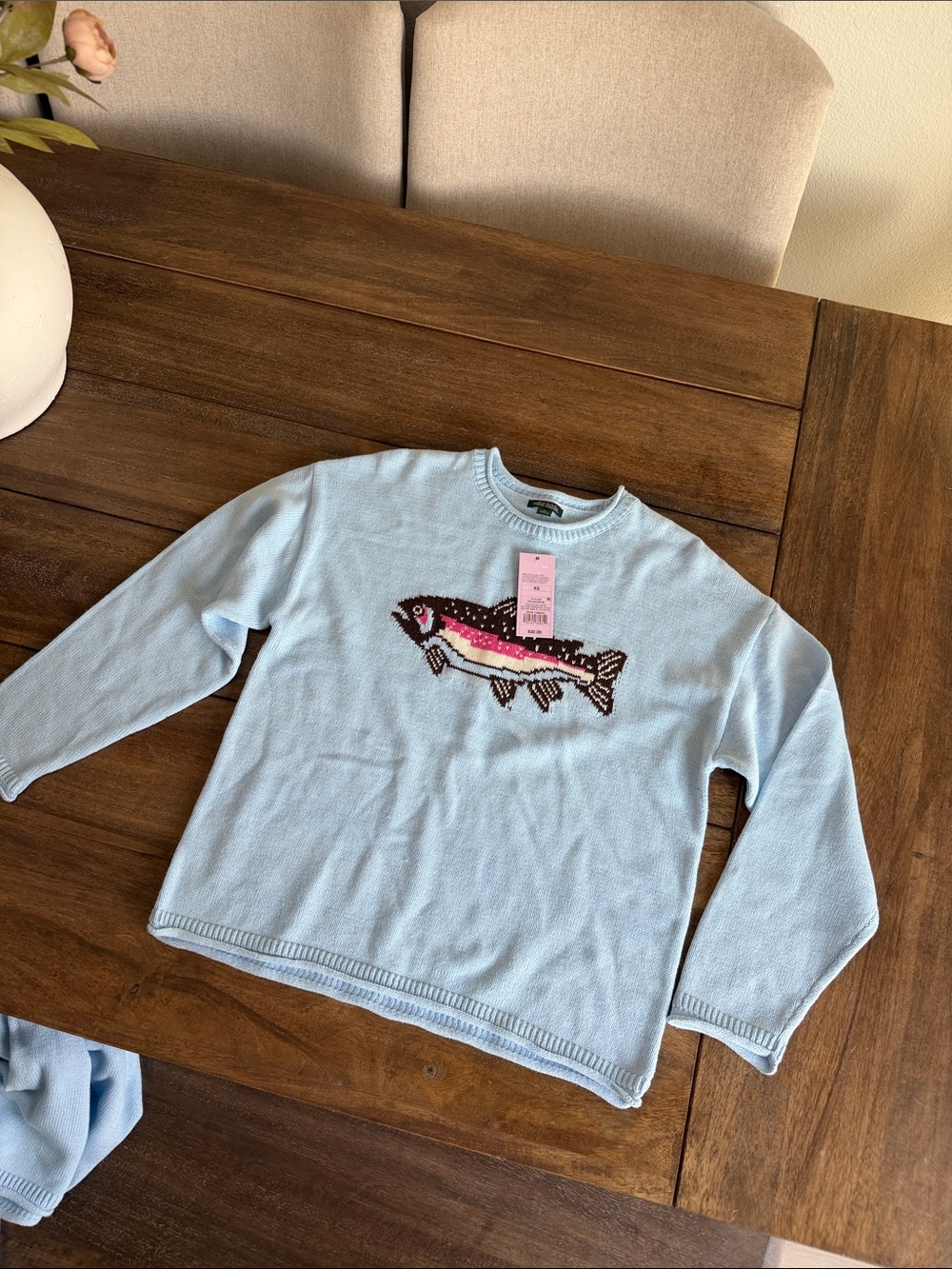 Light Blue women’s Crewneck Sweater with Trout Motif